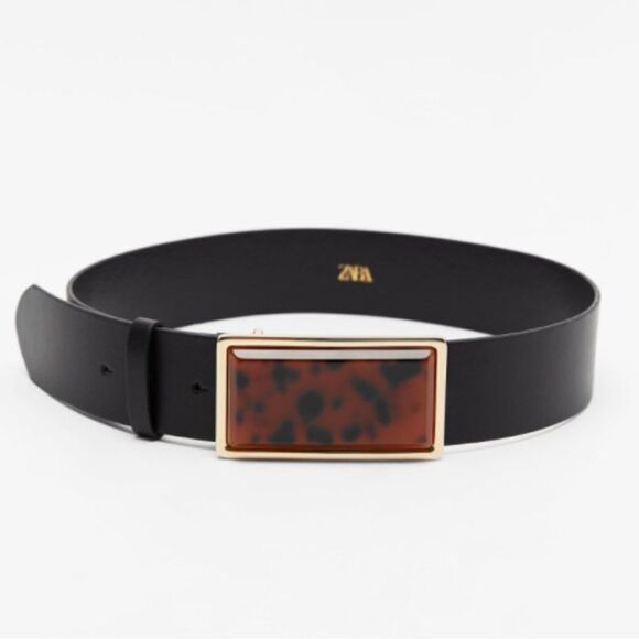 ZARA US32 85 Black Small Wide Faux Leather Belt Gold Tone Buckle - Picture 9 of 9